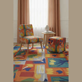 Orange abstract upholstered occasional chair with tapered wooden legs, 29" tall — additional view 6
