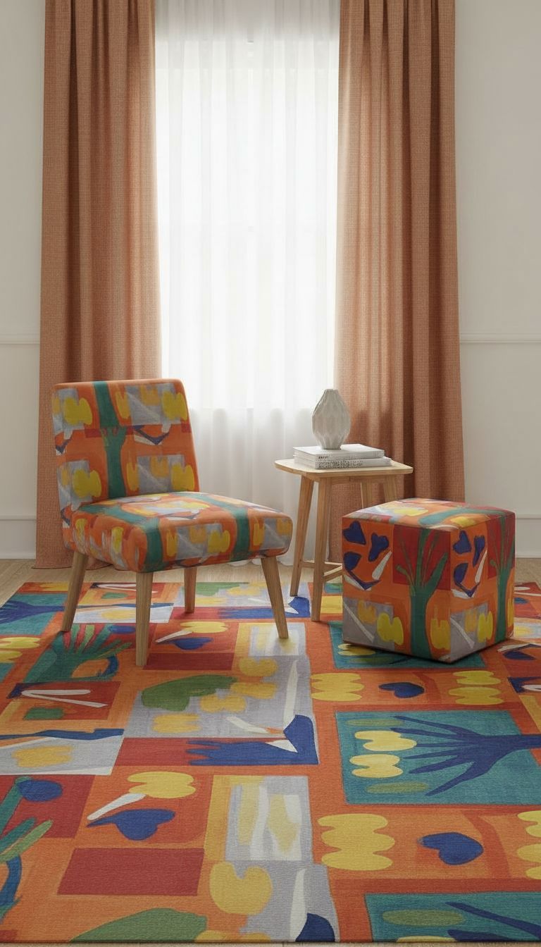 Rich and Rich Orange Abstract Designer Square Pouffe with vibrant velour fabric