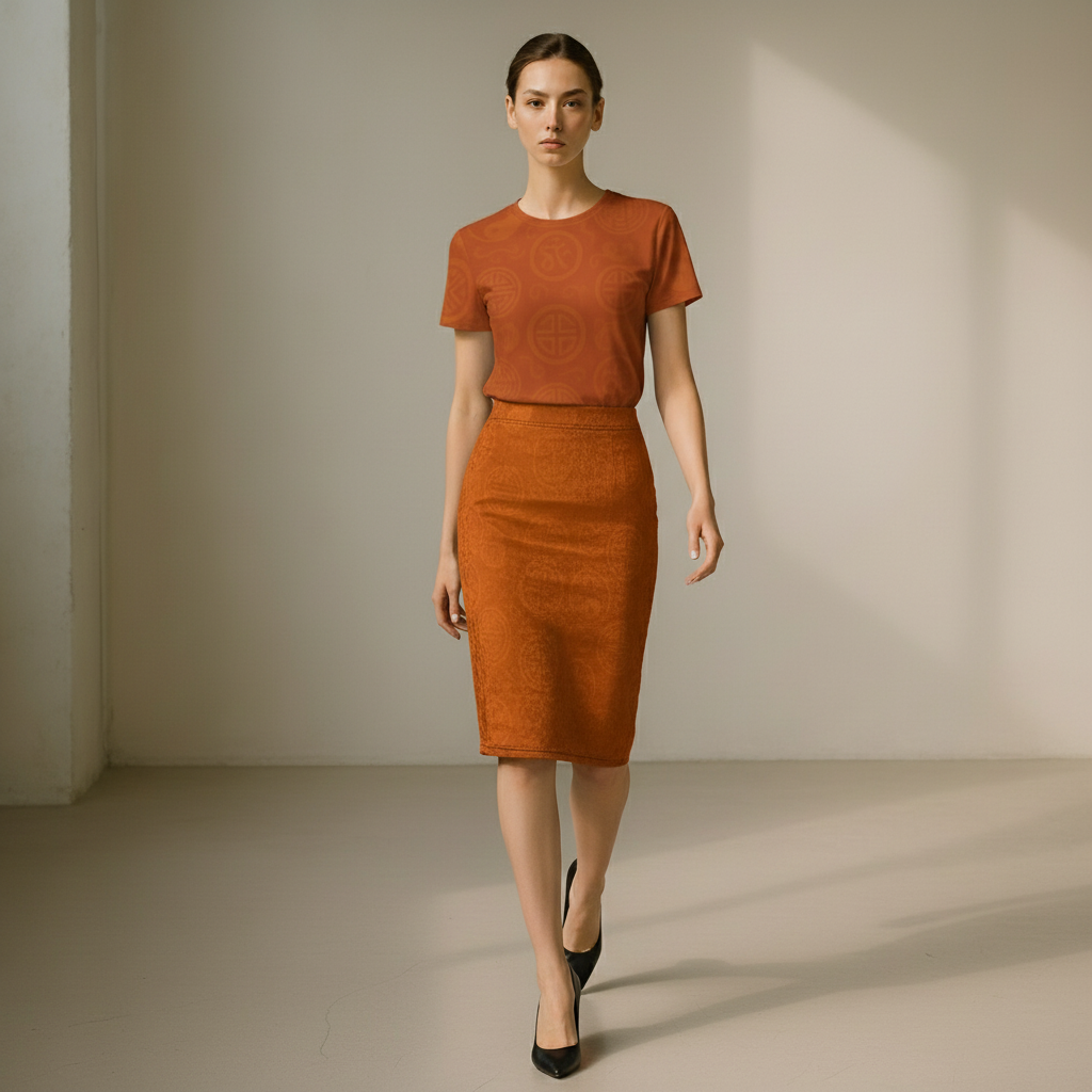 Rich and Rich Orange Feng Shui Women's Pencil Skirt displayed on a mannequin