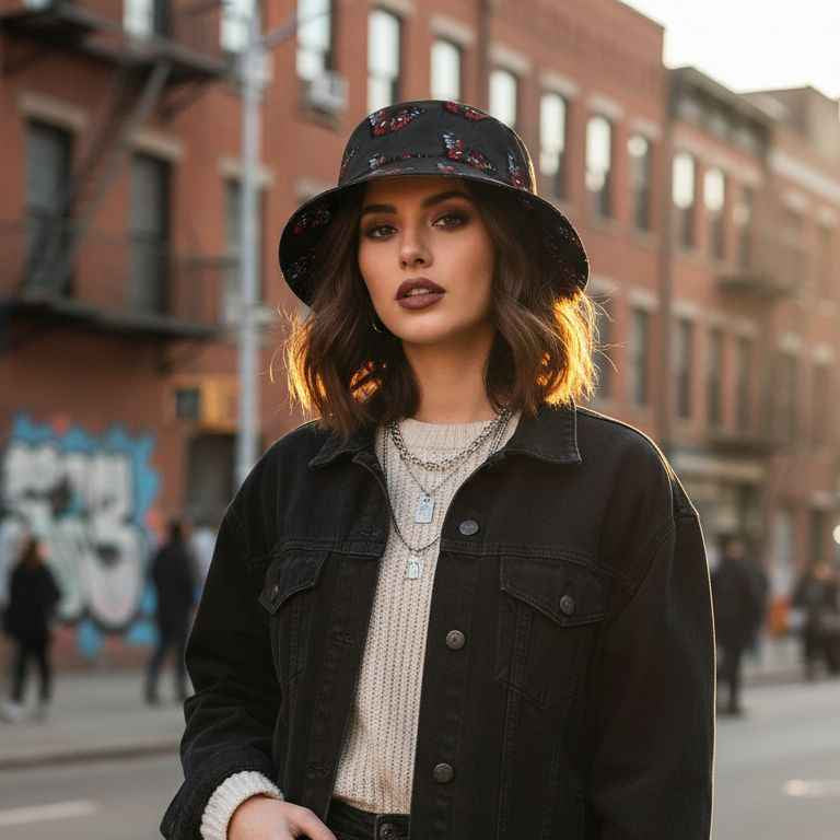 Reversible black bucket hat with butterfly illustration, woven material