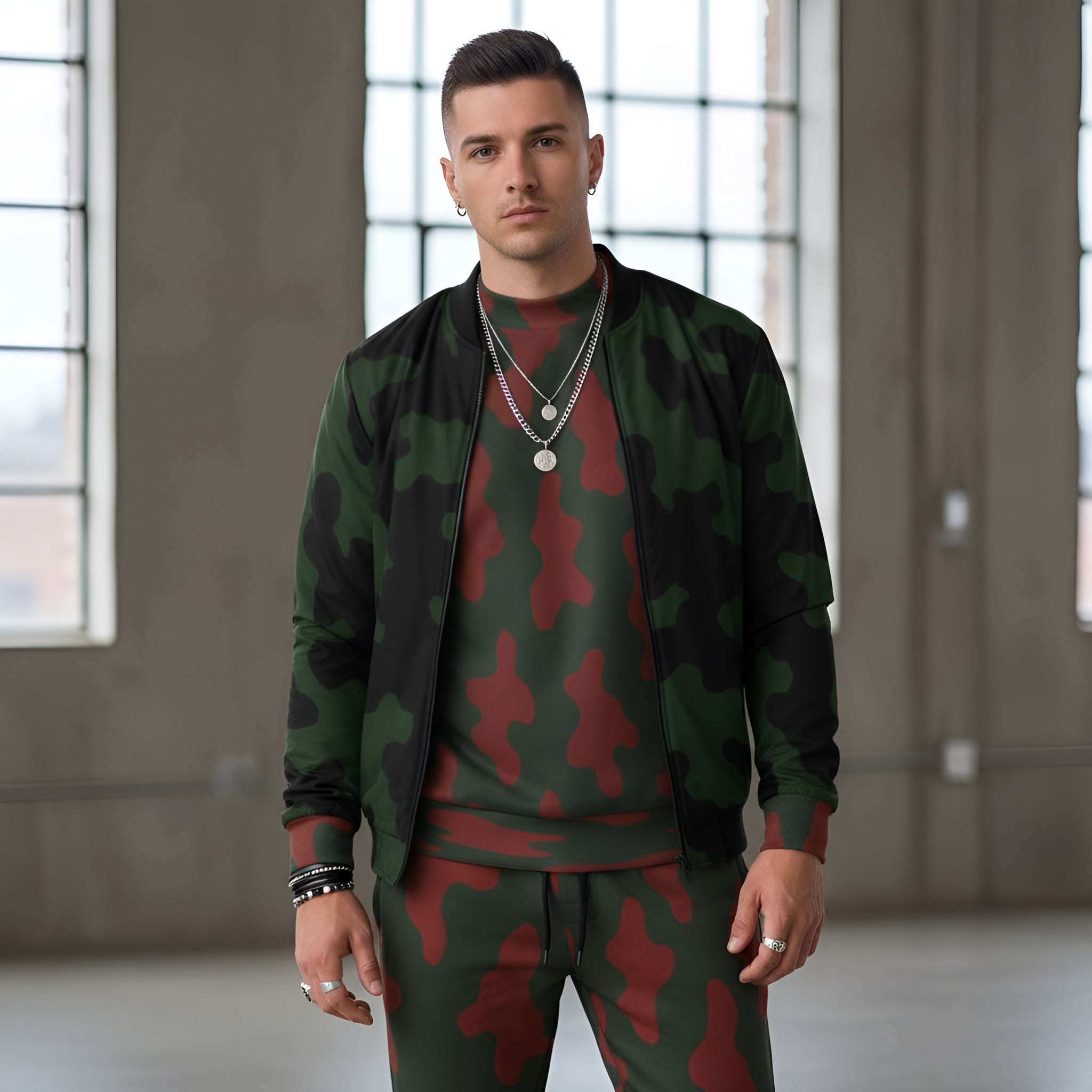 Red camo mock neck men's sweatshirt with long sleeves and soft breathable fabric