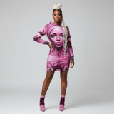 Long pink hoodie dress with 'Her Eyes' print, kangaroo pocket and functional hood drawstring — additional view 10
