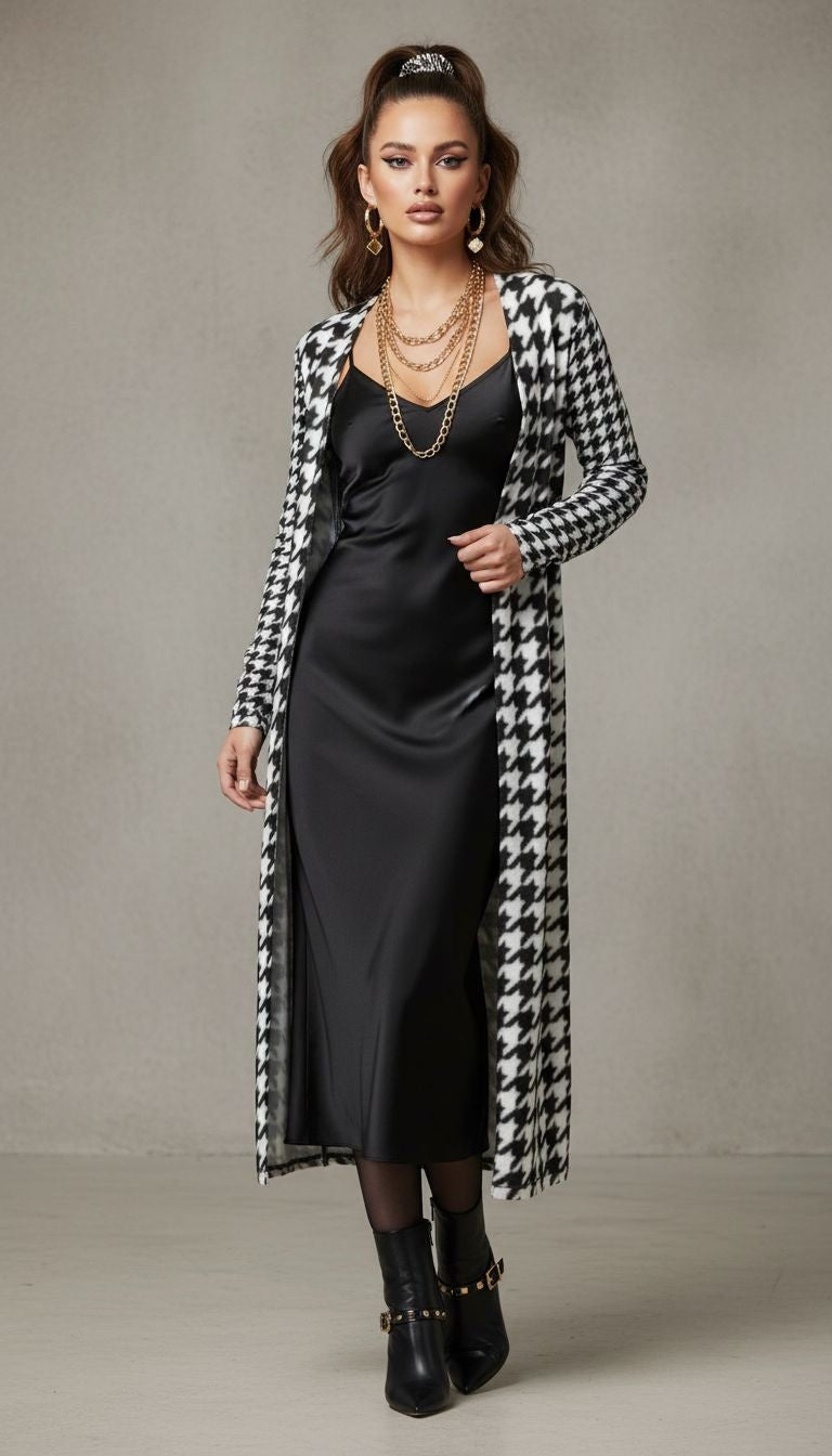 Black and white houndstooth button-through women's cardigan in jersey knit