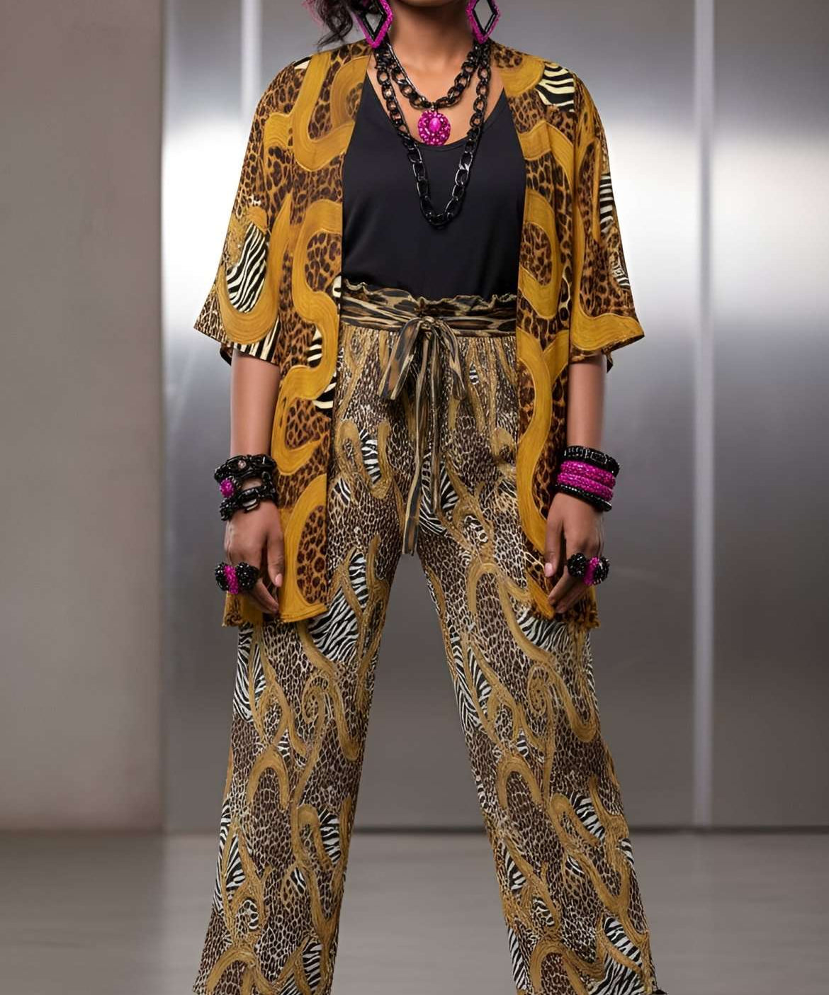 Brown animal print chiffon kimono with matching wide-leg elastic-waist pants and side pockets