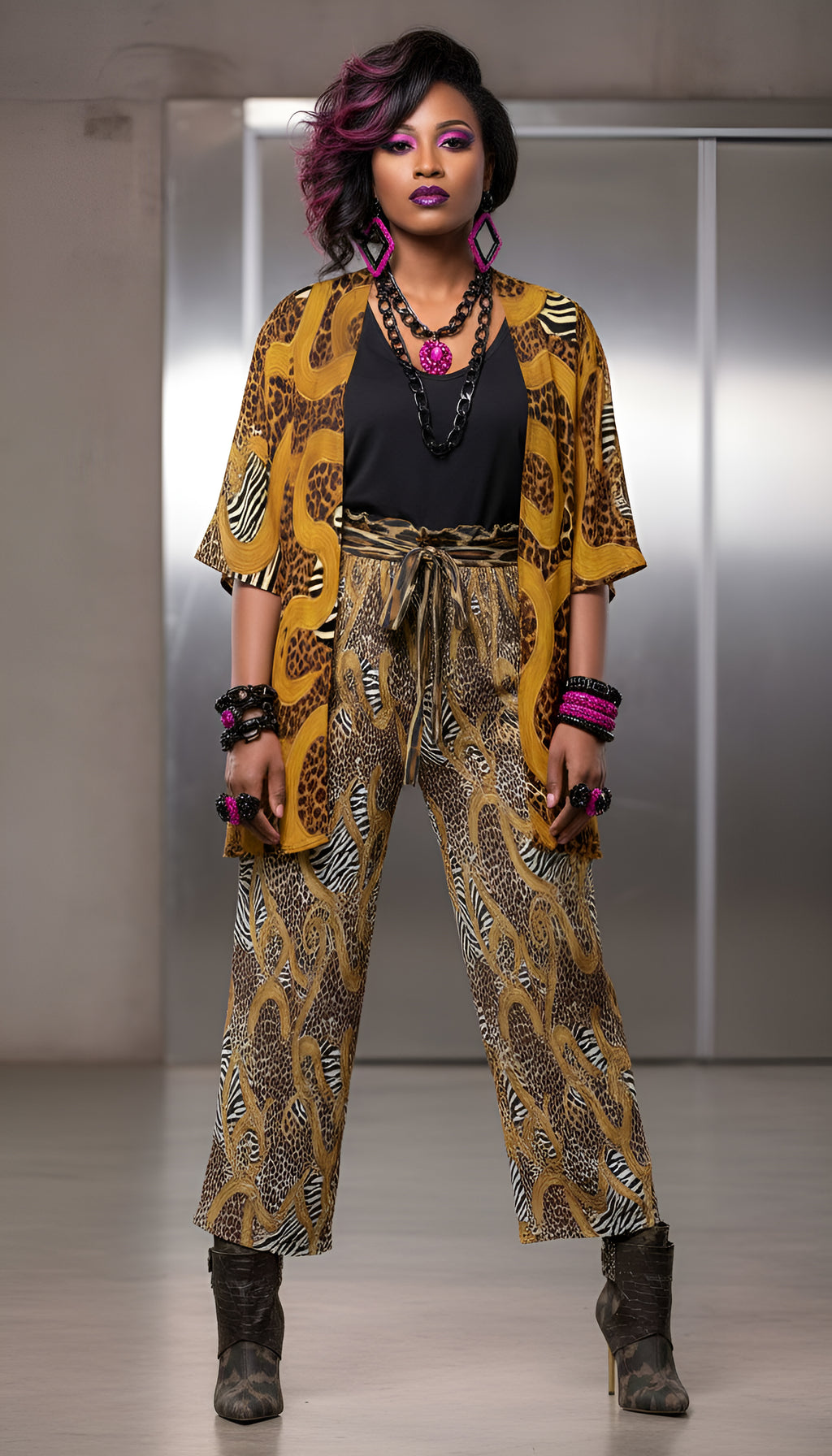 Rich and Rich Brown Animal Print Pants and Kimono Set