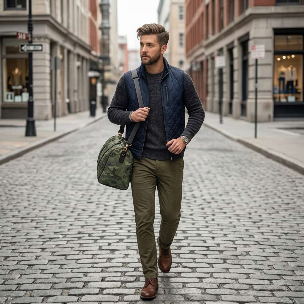 Camouflage woodland nylon weekender bag with PU leather handles and adjustable shoulder strap