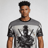 Grey long-sleeve men's T-shirt with ninja graphic and swords formed from black rose petals — alternate view