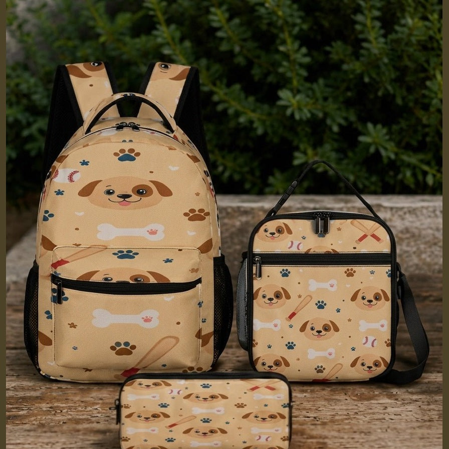 Rich and Rich beige 3-piece backpack set with dog and baseball print