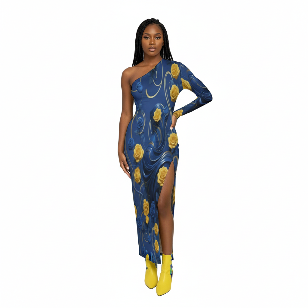 Rich and Rich Women's Yellow and Blue Roses One-Shoulder Maxi Dress with Side Slit