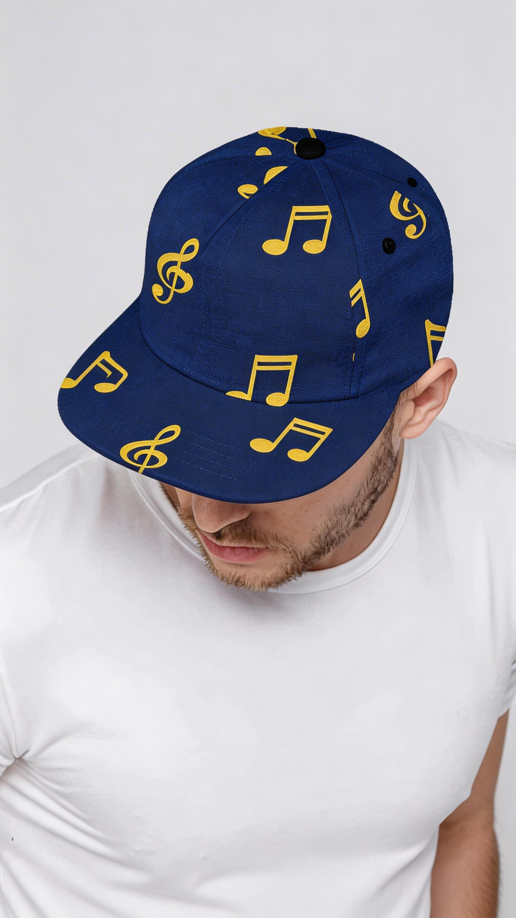 Person wearing a blue cap with yellow musical notes on a white background
