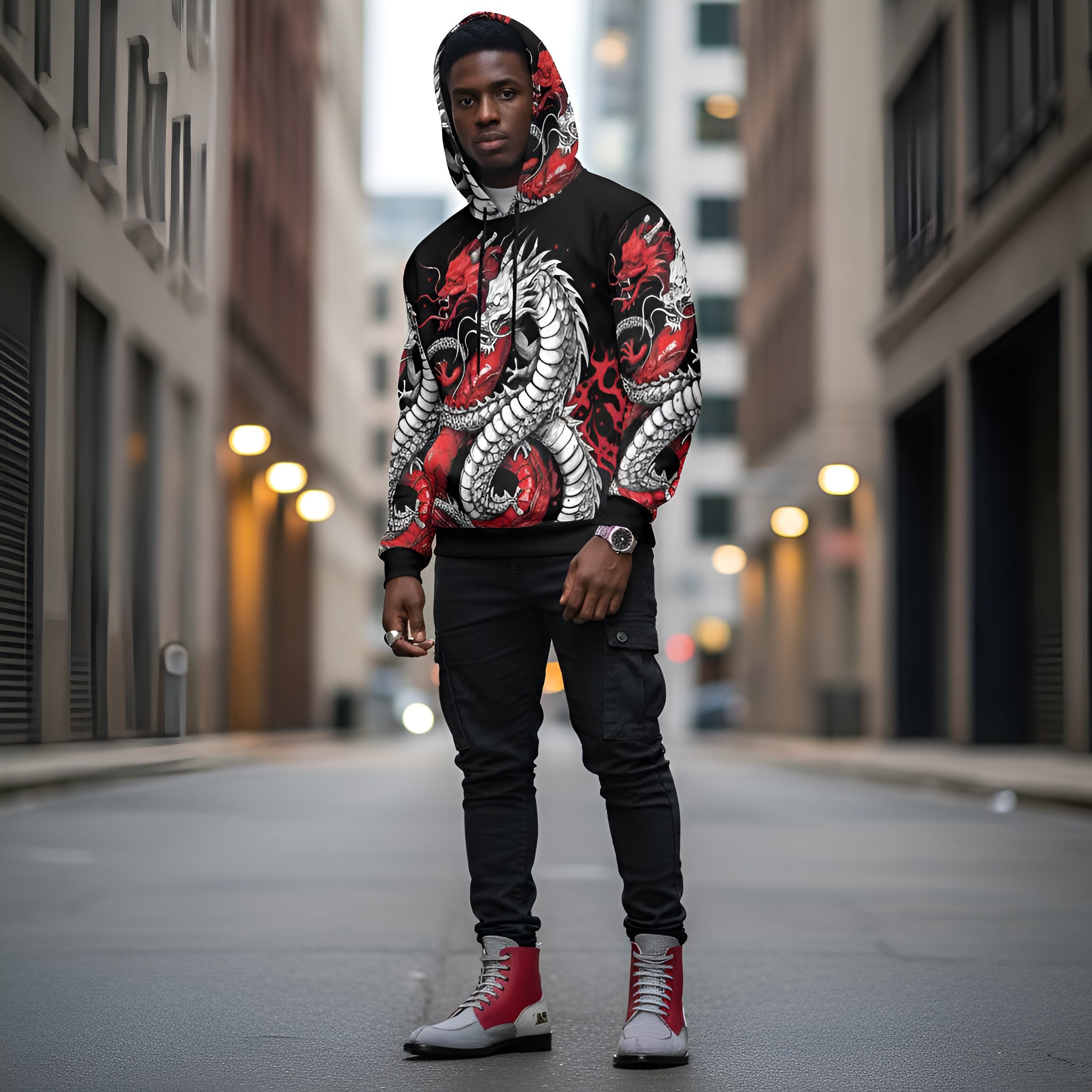 Rich and Rich Black and Red Snake Men's Hoodie featuring bold snake graphic design