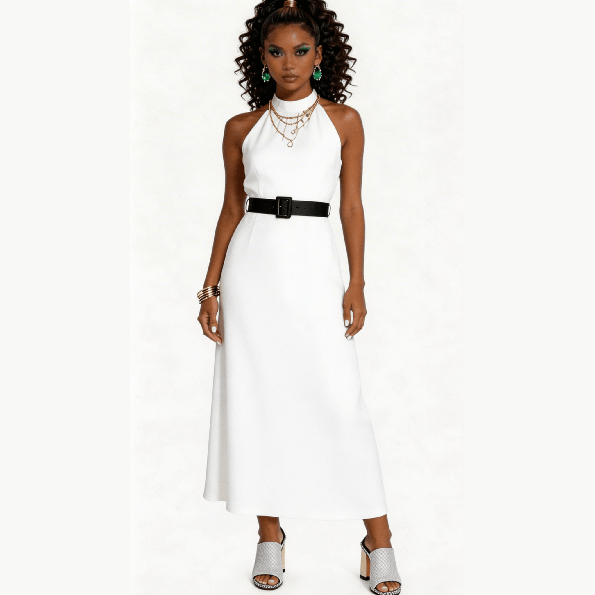 Black and white block-heel mule sandal with square heel and high topline