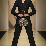 Safari brown animal print round box purse in Nappa leather with faux suede lining and black piping