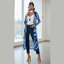 Ladies cardigan with blue abstract pattern, suitable for layering and versatile styling