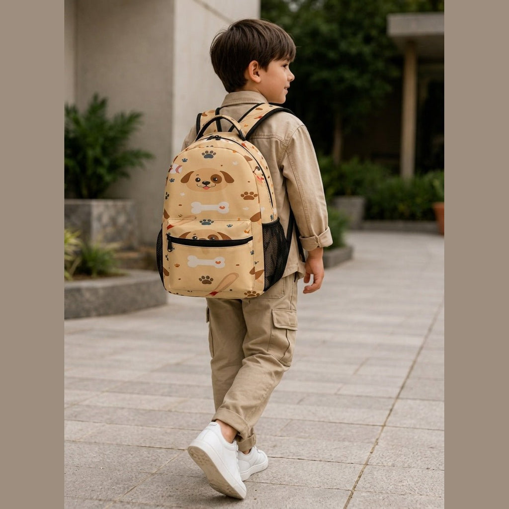 Boy walking away wearing beige dog and baseball patterned backpack