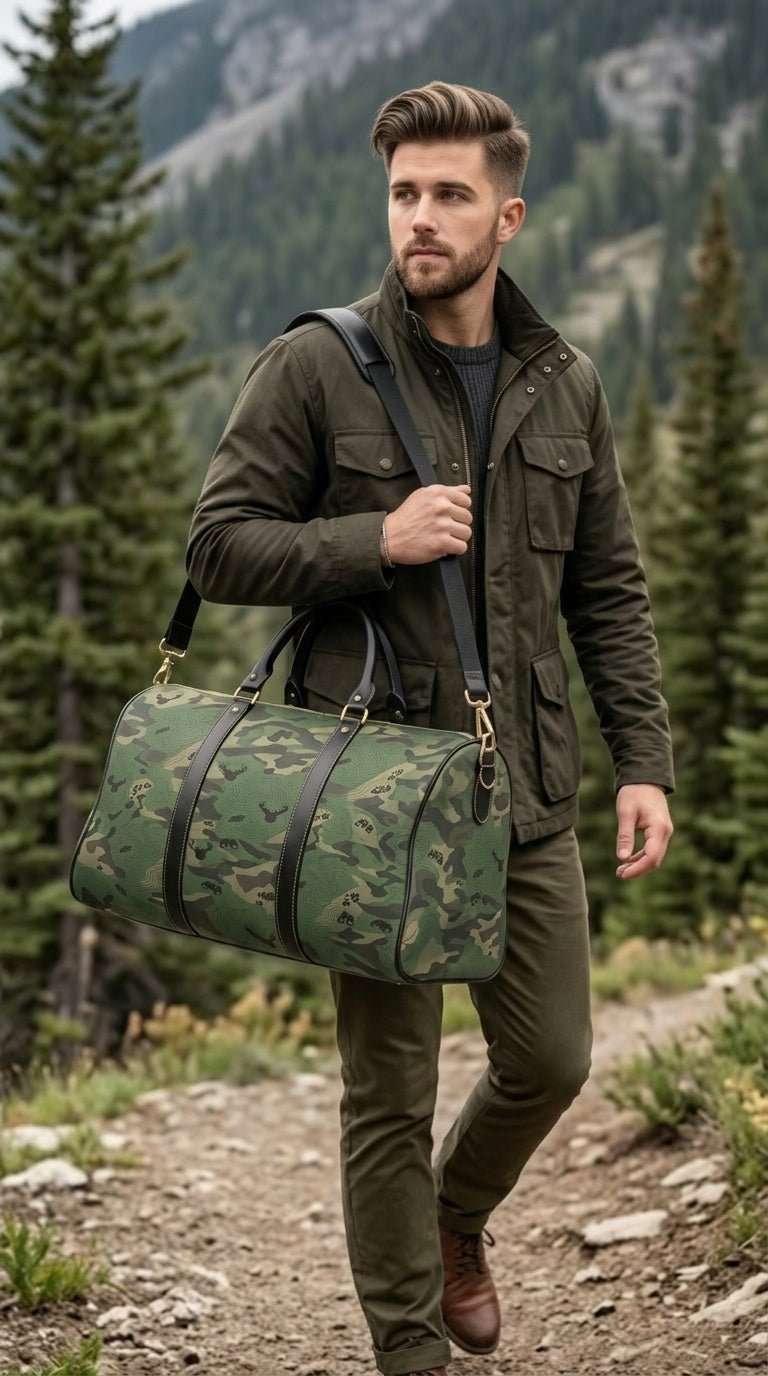 Camouflage woodland nylon weekender bag with PU leather handles and adjustable shoulder strap — product detail
