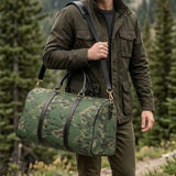 Camouflage woodland nylon weekender bag with PU leather handles and adjustable shoulder strap — product detail