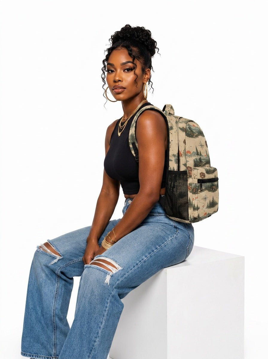 Beige 17-inch backpack with front pocket, mesh side pockets, padded straps, and orange buckle detail — product detail