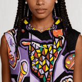 Purple abstract sleeveless women's hoodie with drawstring hood and kangaroo pocket