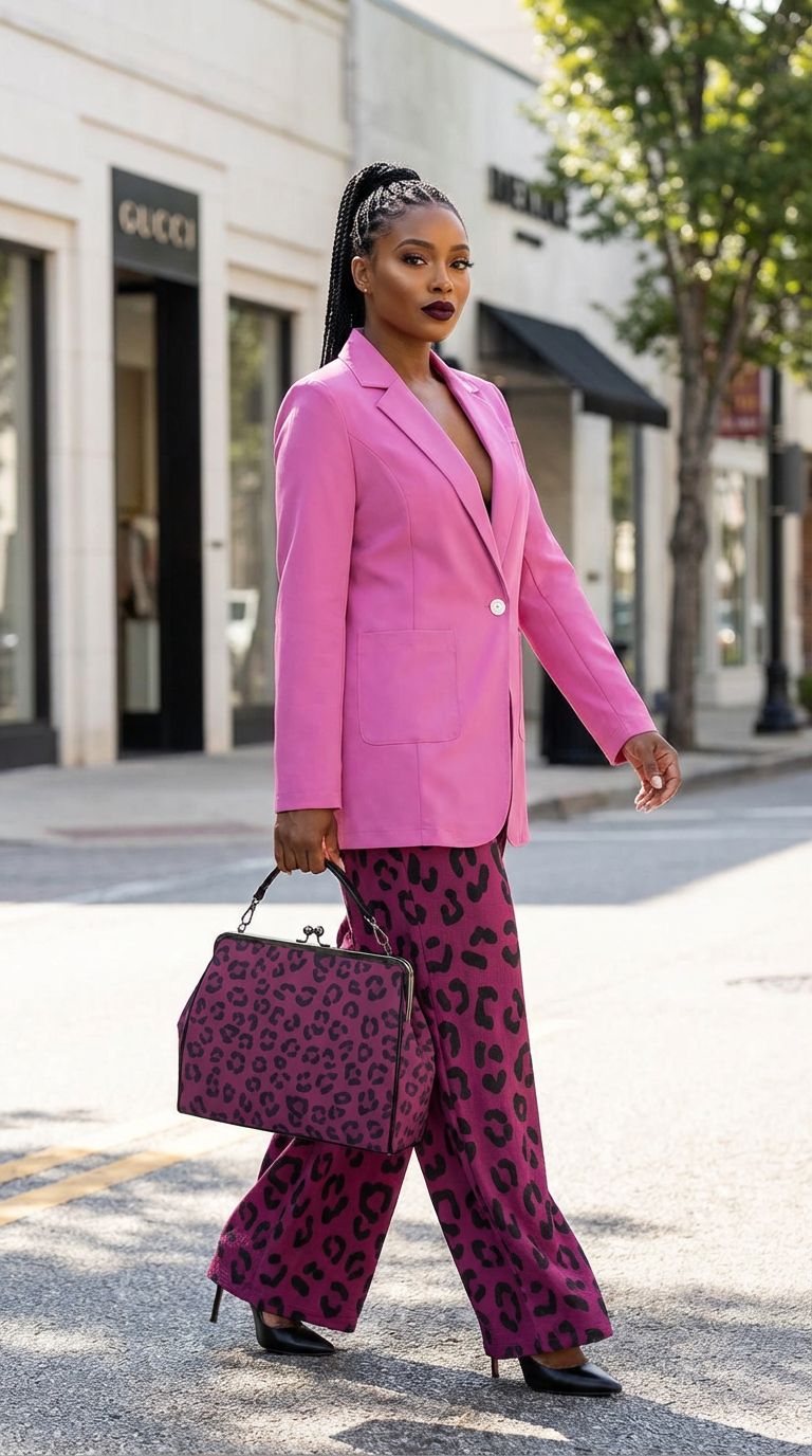 Magenta animal-print blazer, wide-leg pants, and waxed PU kisslock bag shown together — additional view 9