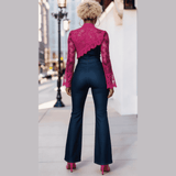 Women's dark denim Tencel jumpsuit with fuchsia lace accents on sleeves, bodice and one leg — additional view 6