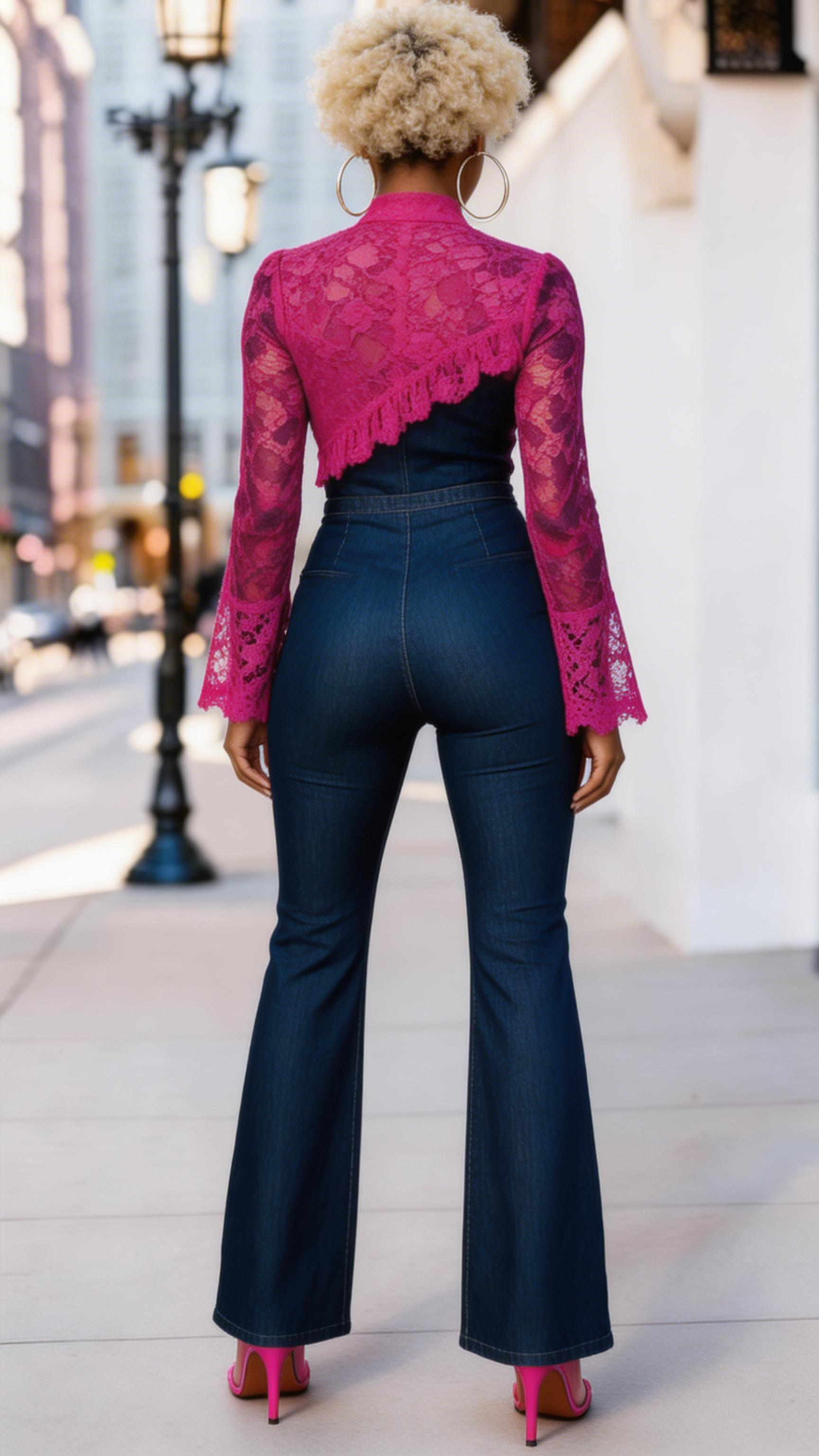 Rich and Rich Women’s Jean and Fuchsia Lace Jumpsuit – Stylish Denim Tencel Summer Jumper