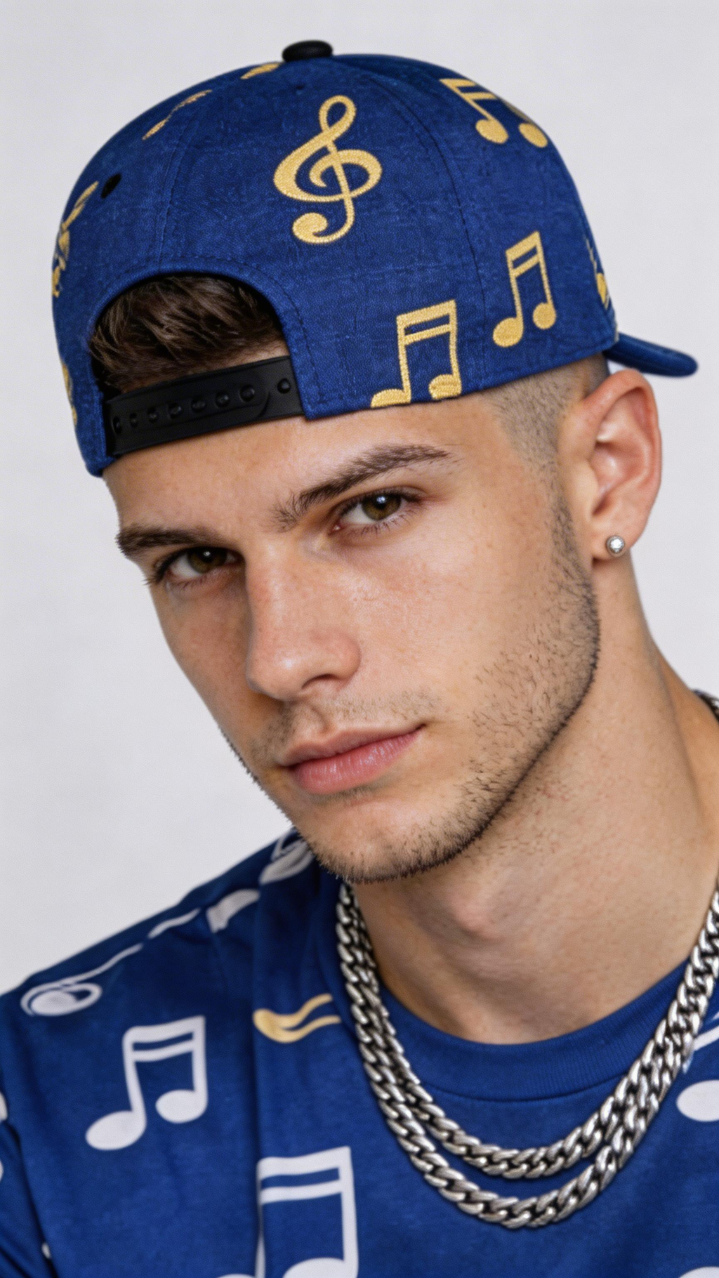Person wearing a blue cap with yellow musical notes and a matching blue shirt on a white background