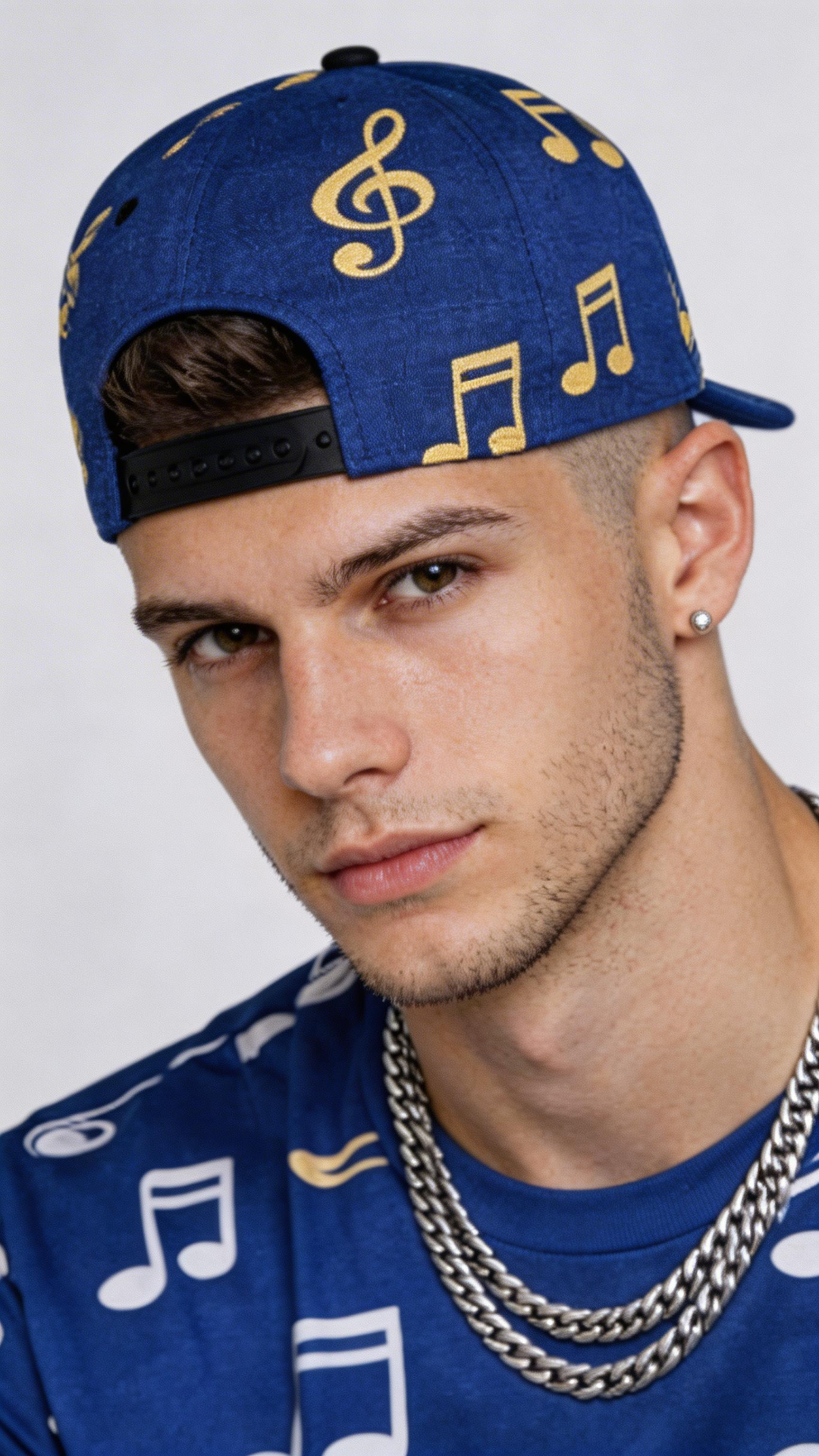 Person wearing a blue cap with yellow musical notes and a matching blue shirt on a white background