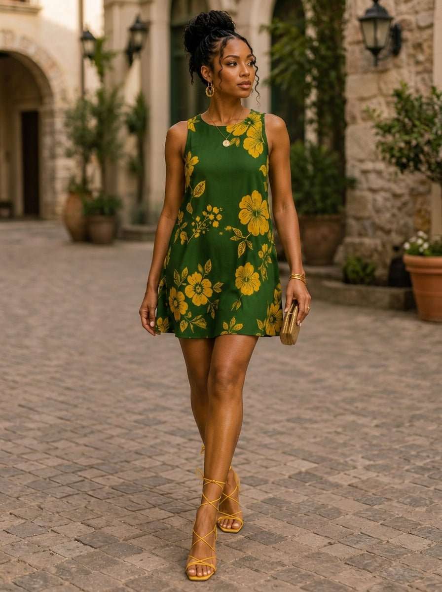 Sleeveless A-line dress with green and yellow floral print and side pockets — alternate view