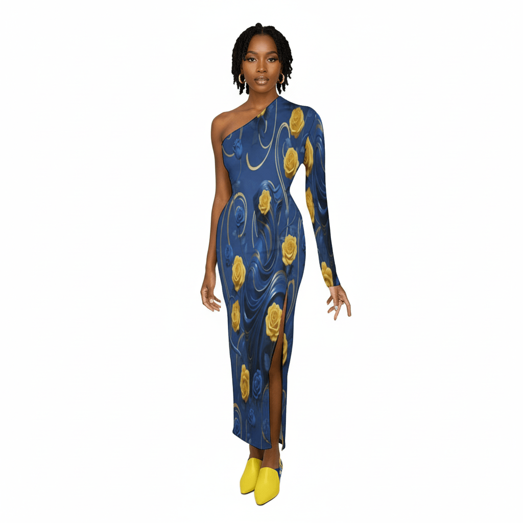 One-shoulder maxi dress with yellow and blue roses print and padded shoulder detail