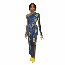 Load image into Gallery viewer, Rich and Rich Yellow and Blue Roses Half sleeve split dress One-Shoulder Slit Maxi Women&#39;s Dress
