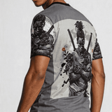 Grey long-sleeve men's T-shirt with ninja graphic and swords formed from black rose petals — side view