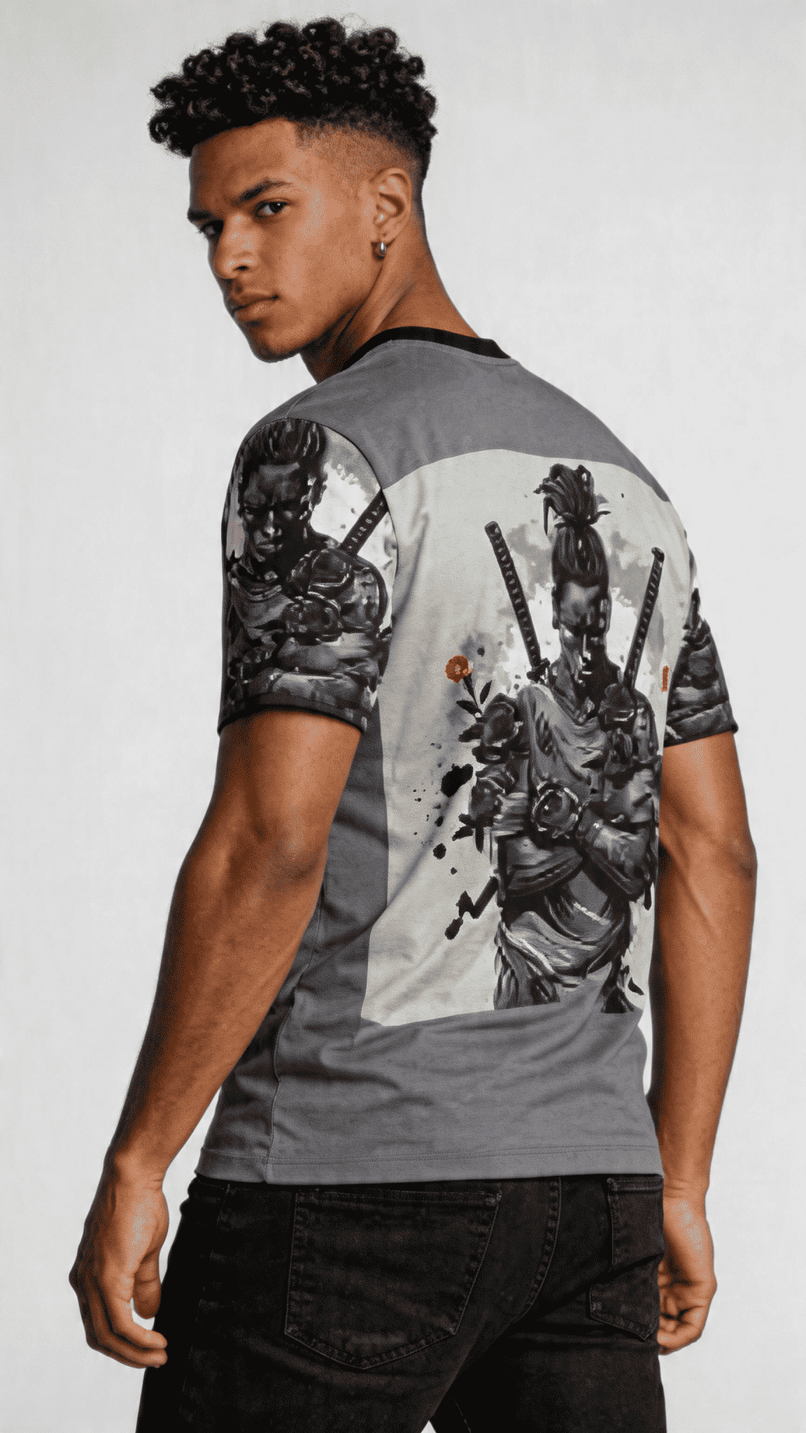 Grey long-sleeve men's T-shirt with ninja graphic and swords formed from black rose petals — side view
