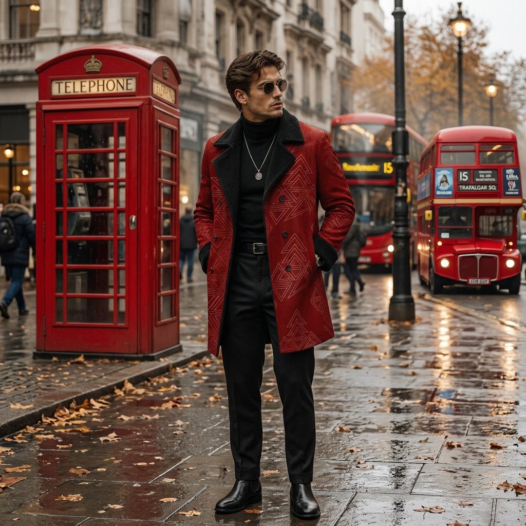 Rich and Rich Red Geometric Men Men's Double Breasted Coat - Rich and Rich Homeopportunities