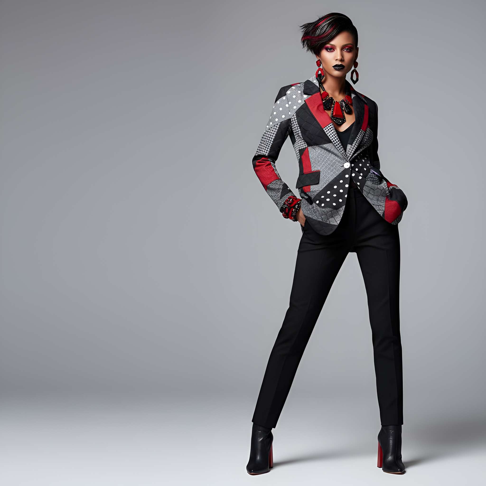 Black and red women's blazer with flat lapel and two front pockets