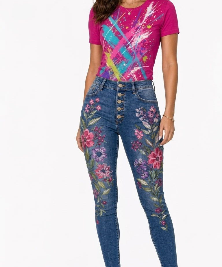 Fuchsia tee with neon paint-splatter graphics paired with embroidered denim jeans