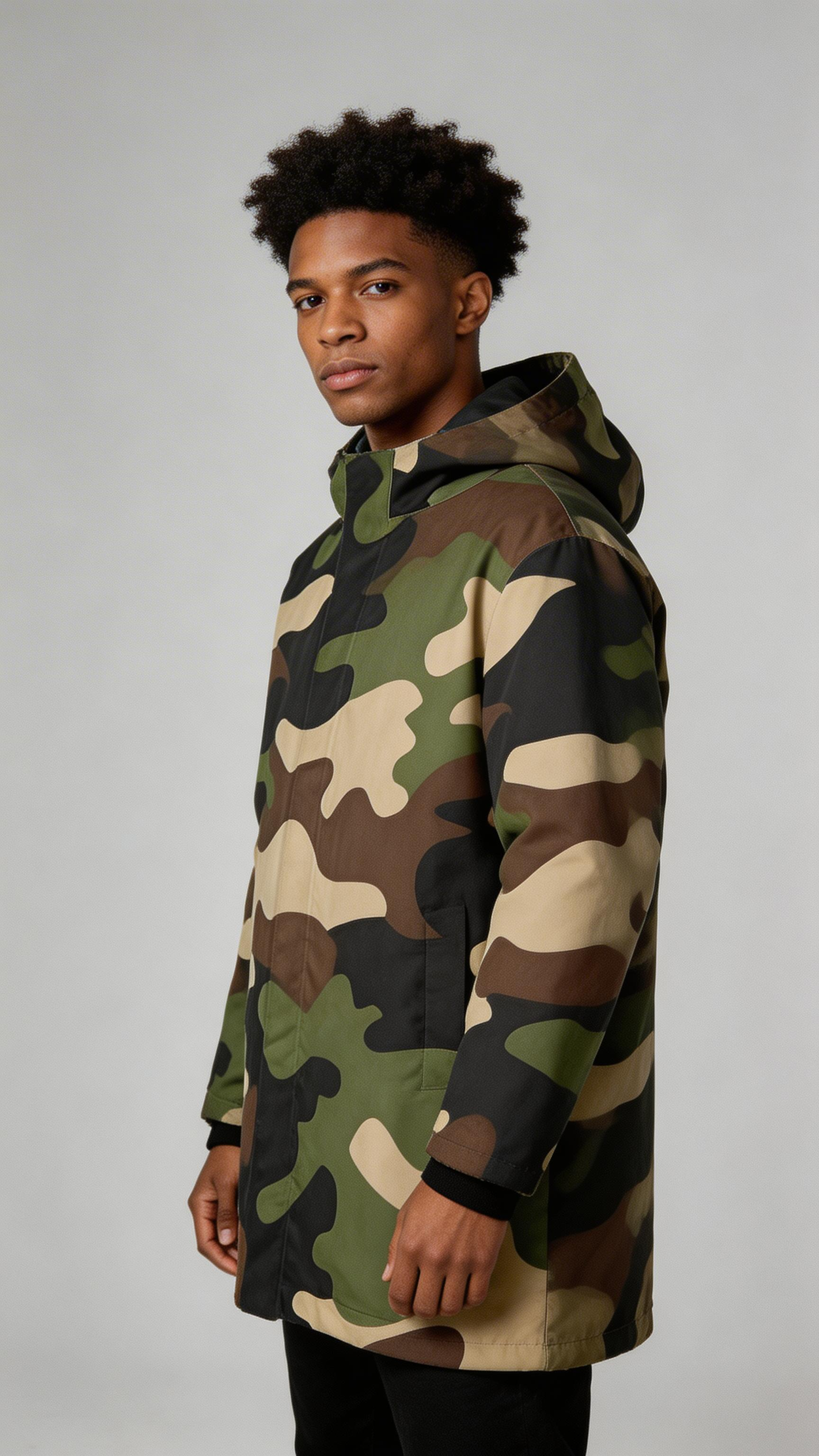 Rich and Rich Camo Green Men's Mid Length Hooded Coat