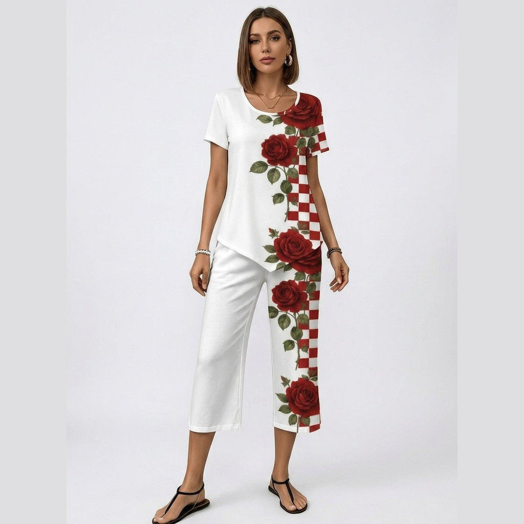 Rich & Rich Rose Checker Romance Short Sleeve Cropped Wide-Leg Set - Rich and Rich Homeopportunities