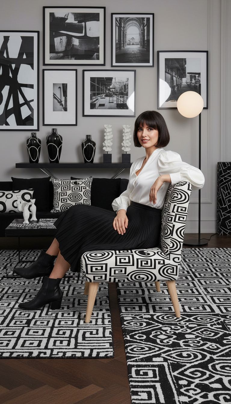 Rich and Rich White Black Feng Shui Occasional Chair with velour upholstery and tapered wooden legs