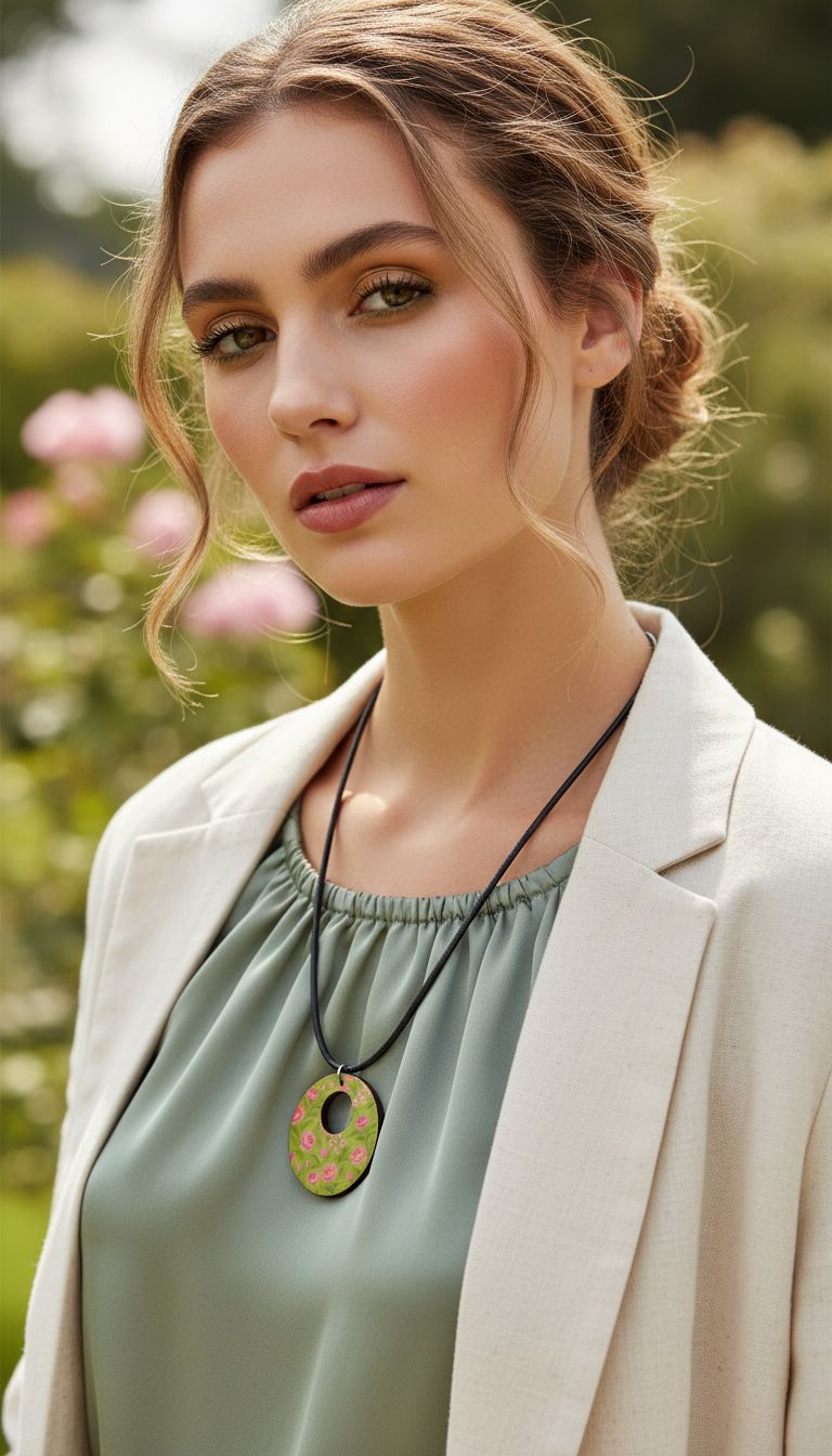 Rich and Rich Pink Floral Wooden Pendant Necklace on organic wood background