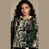 Jazz-inspired unisex hoodie with animal and music-themed all-over print