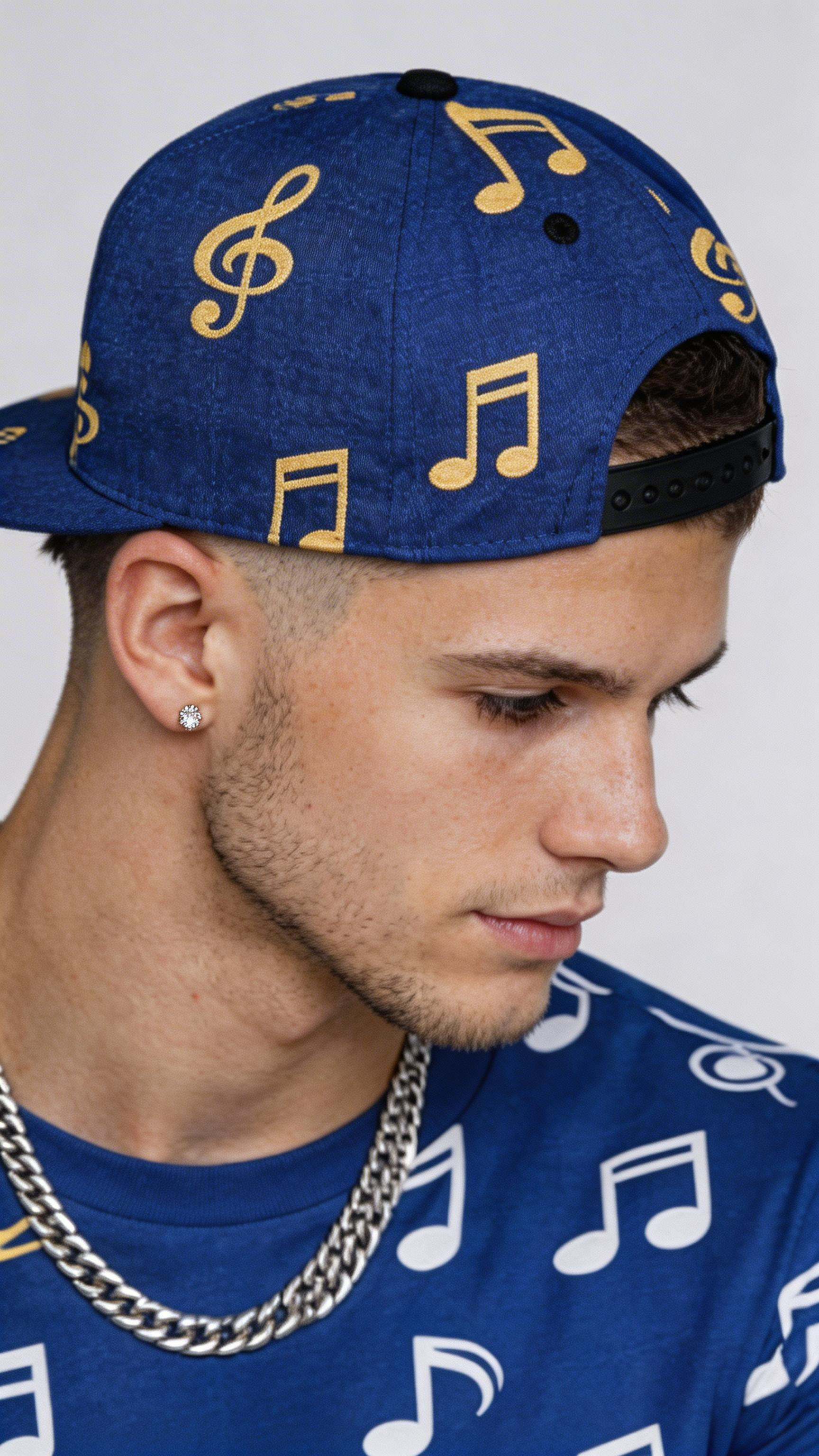 Person wearing a blue cap and shirt with musical note patterns on a plain background