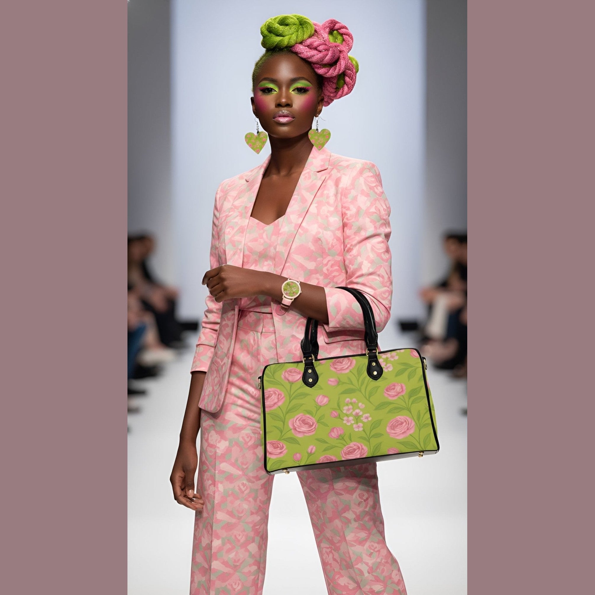 Large pink floral Boston-style handbag with top handle and adjustable shoulder strap — product detail