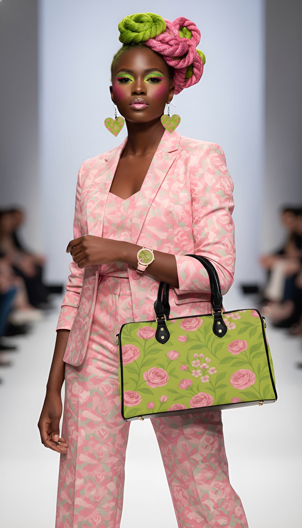 Rich and Rich Pink Floral Boston Leather Large Women's Handbag with floral design