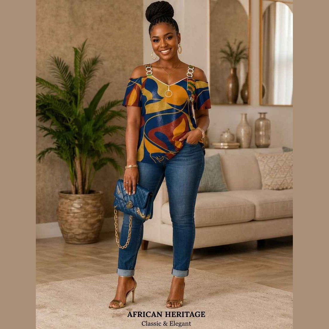 Rich and Rich Blue Multicolor Women's V-Neck Chain Strap Off Shoulder Top - Rich and Rich Homeopportunities