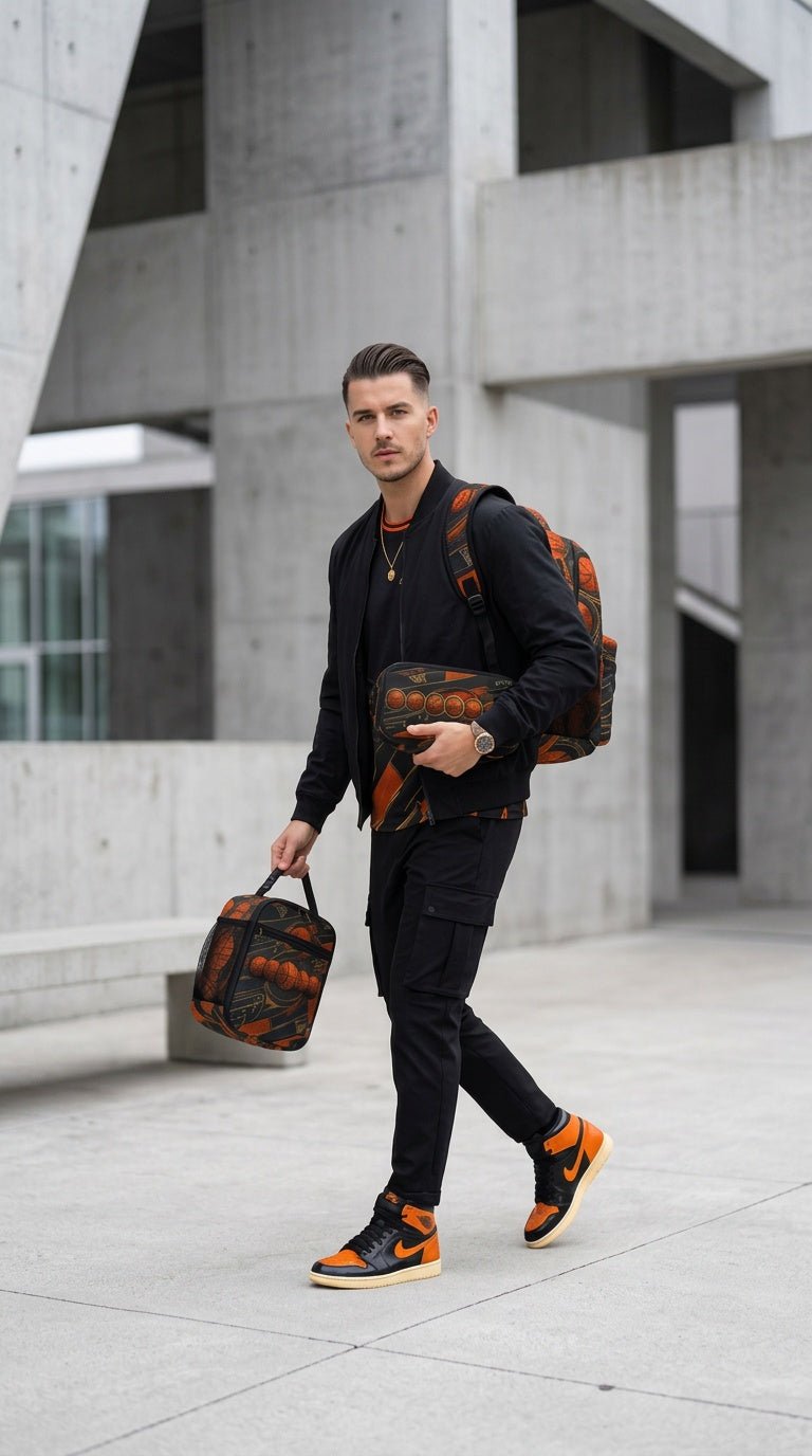 Basketball designer backpack with coordinating insulated lunch bag and pencil case — side view