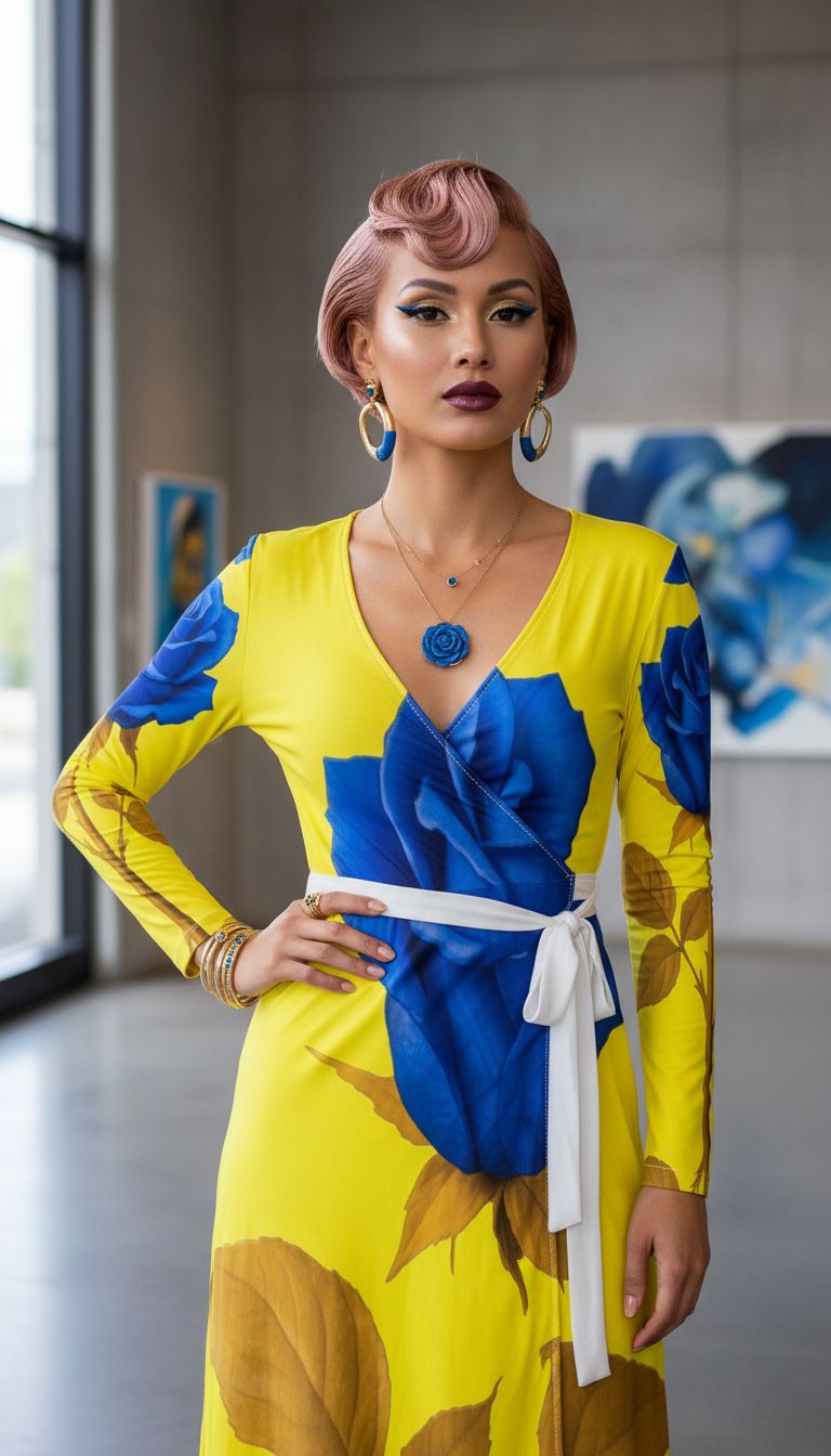 Yellow and blue rose wrap dress with V-neck, long sleeves and belt tie, above-knee length