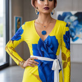 Yellow and blue rose wrap dress with V-neck, long sleeves and belt tie, above-knee length