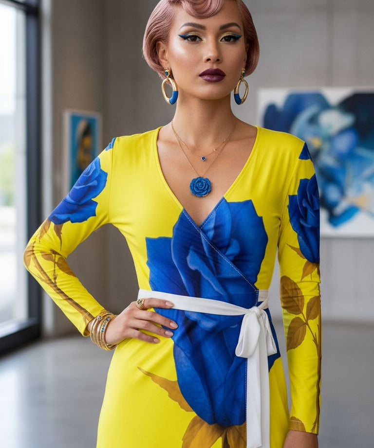 Yellow and blue rose wrap dress with V-neck, long sleeves and belt tie, above-knee length