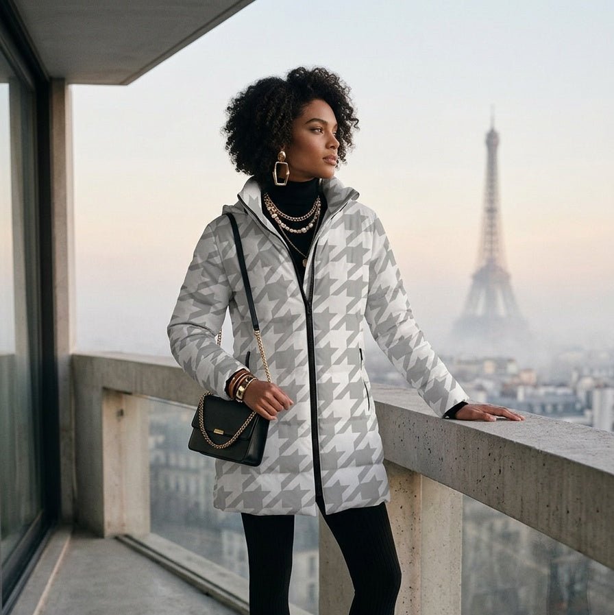 Rich and Rich Women's White Houndstooth Hooded Puffer Coat | Luxury Warm Winter Jacket with Detachable Hood - Rich and Rich Homeopportunities